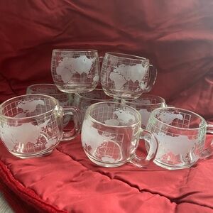 NIB Nestle Nescafe World Globe Frosted Glass Coffee Mugs Cups Vintage Set of 8